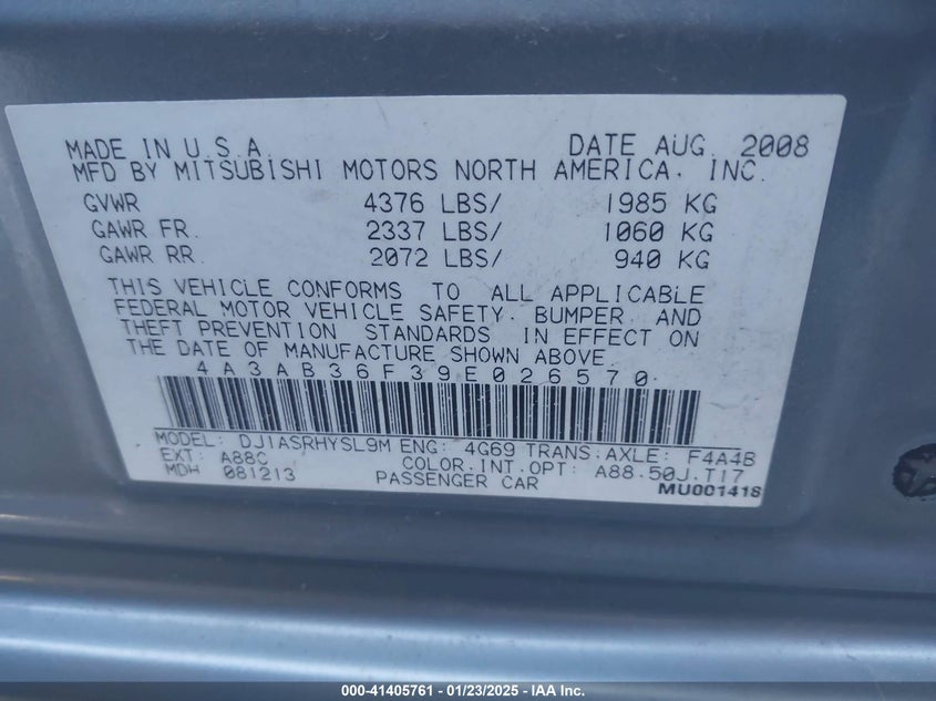 2009 MITSUBISHI GALANT VIN: 4A3AB36F39E026570