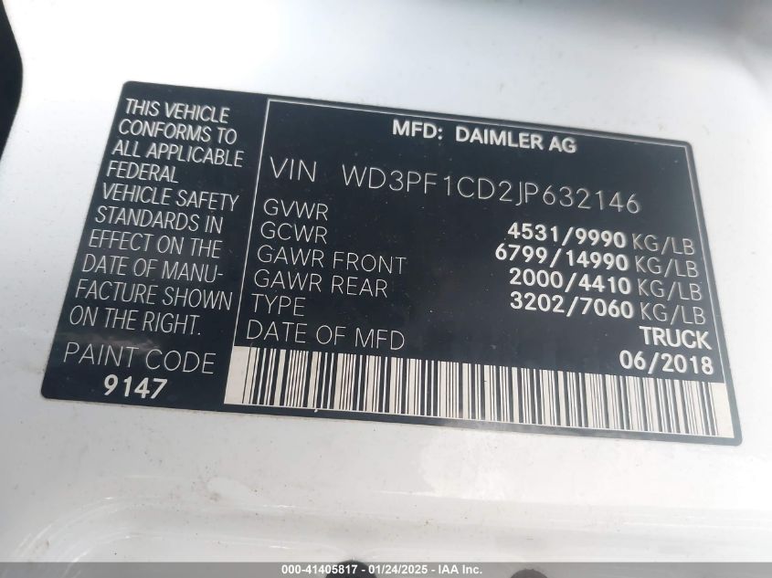2018 Mercedes-Benz Sprinter 3500Xd High Roof V6/Standard Roof V6 VIN: WD3PF1CD2JP632146 Lot: 41405817