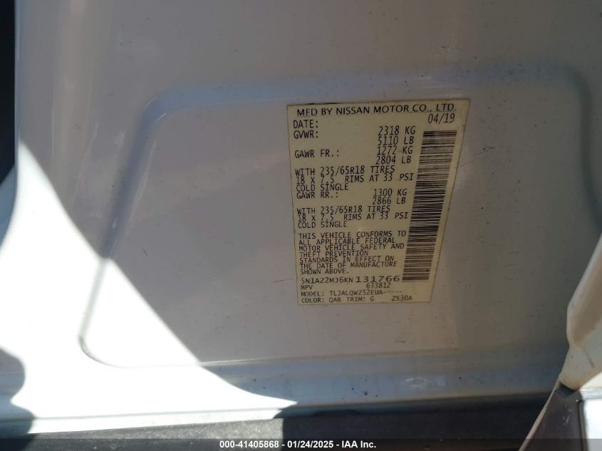 2019 Nissan Murano Sv VIN: 5N1AZ2MJ6KN131766 Lot: 41405868