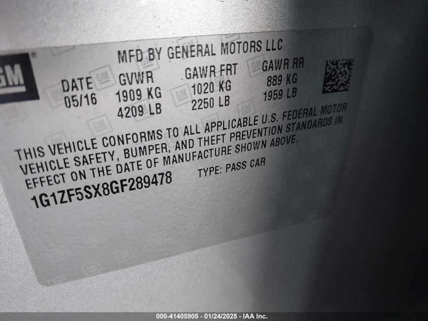2016 CHEVROLET MALIBU VIN: 1G1ZF5SX8GF289478