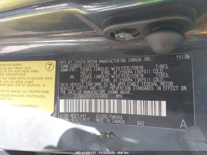 2007 Lexus Rx 350 VIN: 2T2GK31U17C023939 Lot: 41406151