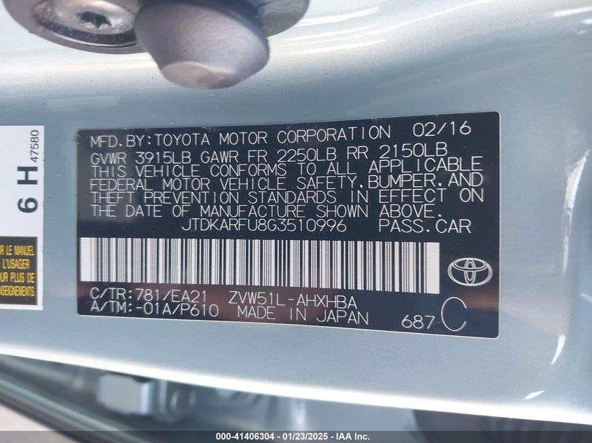 2016 TOYOTA PRIUS VIN: JTDKARFU8G3510996