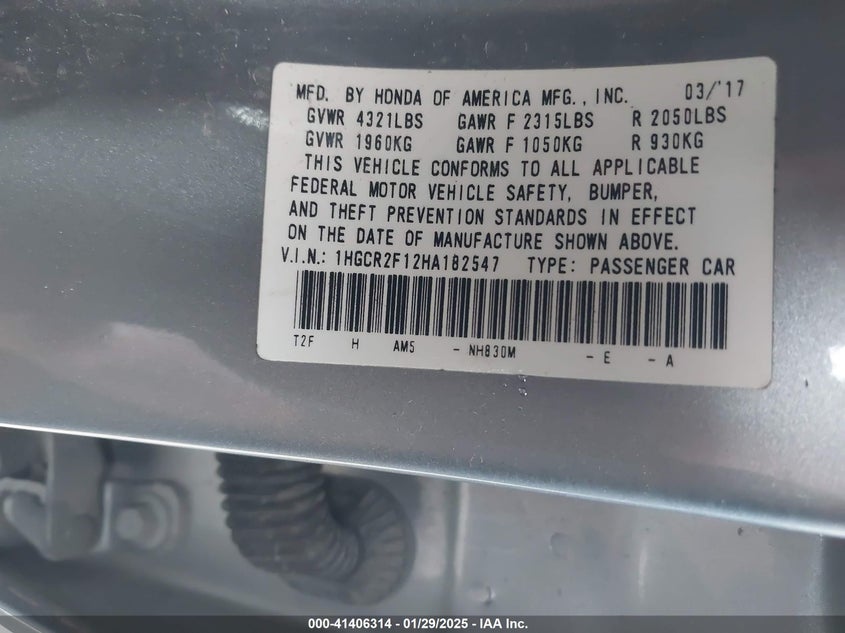 2017 HONDA ACCORD VIN: 1HGCR2F12HA182547