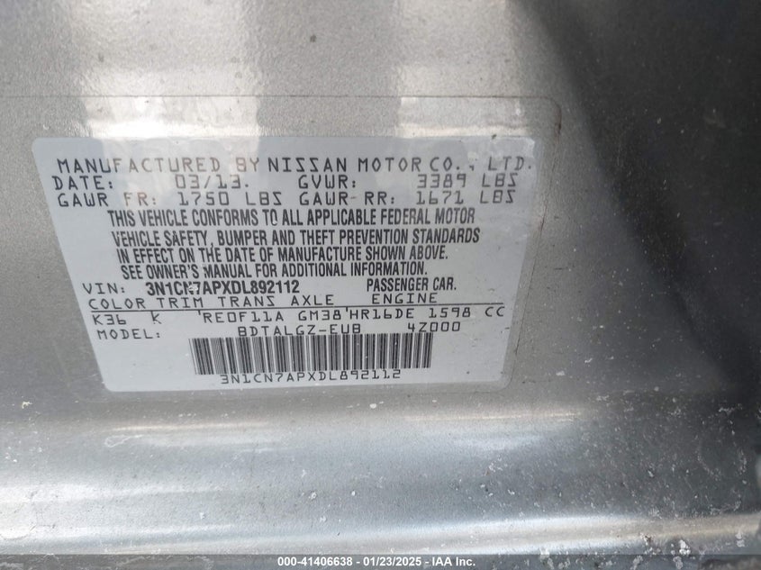 2013 NISSAN VERSA VIN: 3N1CN7APXDL892112