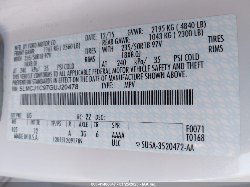 2016 Lincoln Mkc Premier VIN: 5LMCJ1C97GUJ20478 Lot: 41406647