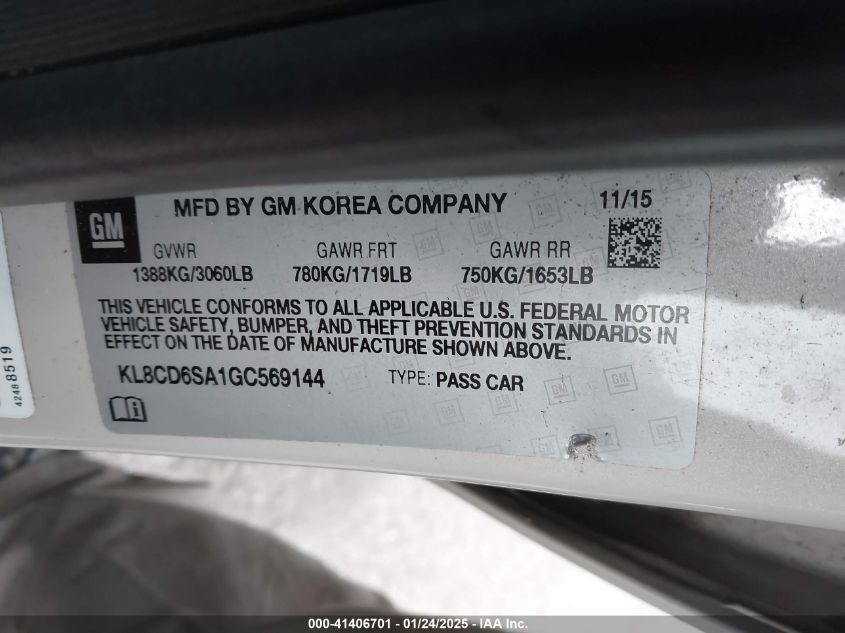 2016 Chevrolet Spark 1Lt Cvt VIN: KL8CD6SA1GC569144 Lot: 41695913