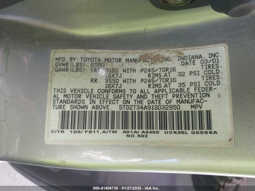 2001 Toyota Sequoia Sr5 V8 VIN: 5TDZT34A91S032950 Lot: 41406720