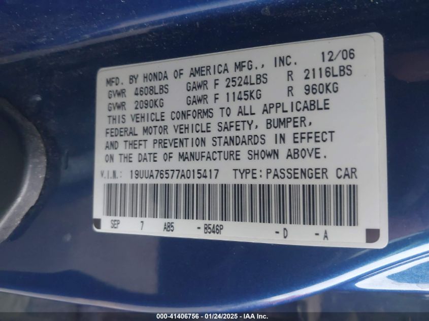 2007 Acura Tl Type S VIN: 19UUA76577A015417 Lot: 41406756