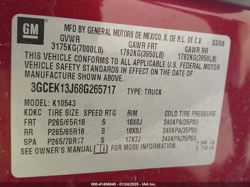 2008 CHEVROLET SILVERADO 1500 VIN: 3GCEK13J68G265717
