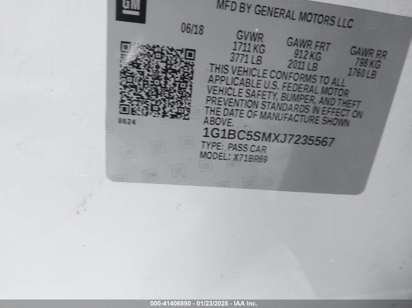 2018 CHEVROLET CRUZE VIN: 1G1BC5SMXJ7235567