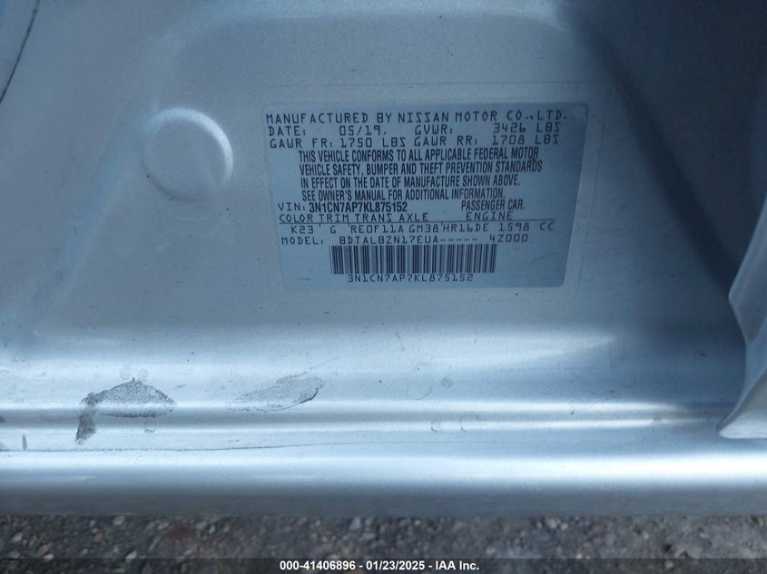 2019 NISSAN VERSA VIN: 3N1CN7AP7KL875152