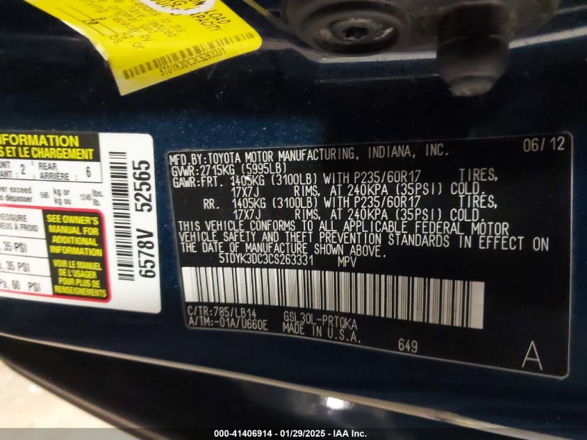 2012 Toyota Sienna Xle/Limited VIN: 5TDYK3DC3CS263331 Lot: 41406914