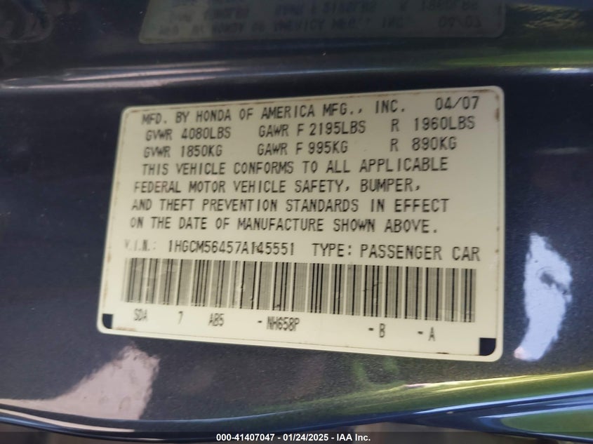 2007 HONDA ACCORD VIN: 1HGCM56457A145551