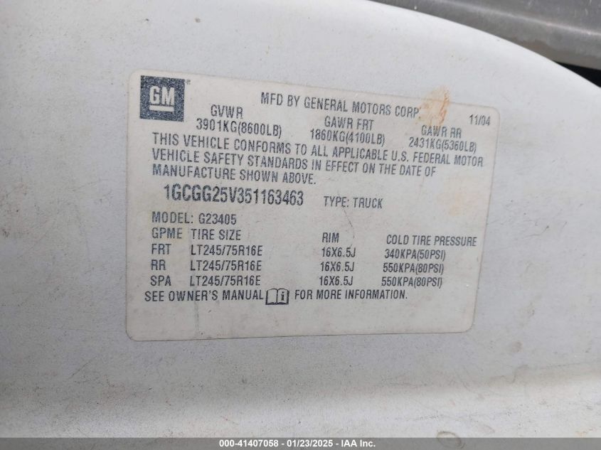 2005 Chevrolet Express VIN: 1GCGG25V351163463 Lot: 41407058