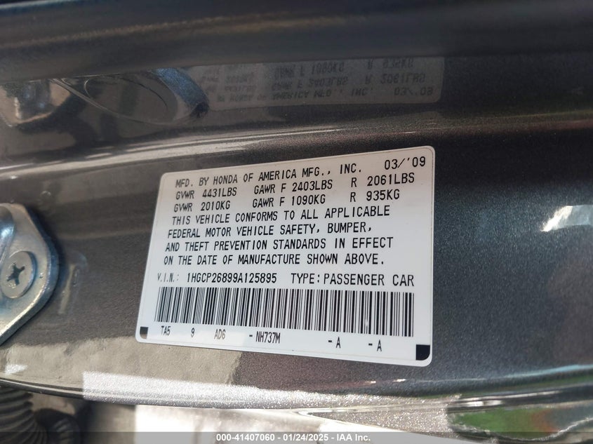 2009 HONDA ACCORD VIN: 1HGCP26899A125895