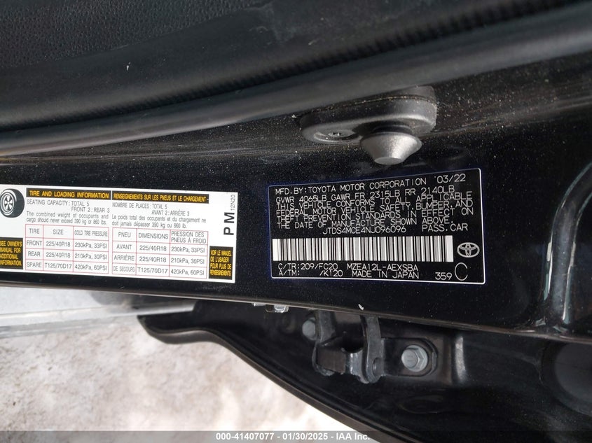 2022 TOYOTA COROLLA VIN: JTDS4MCE4NJ096096