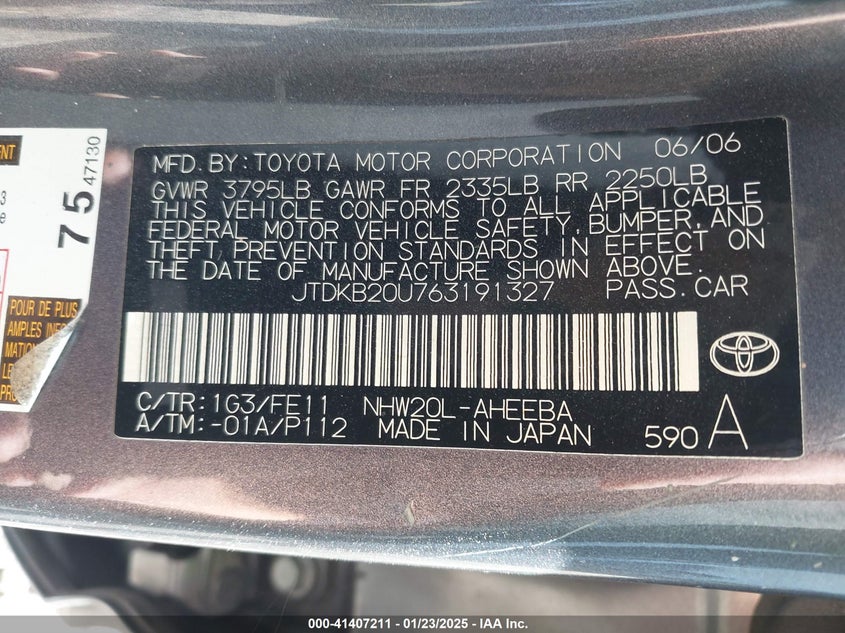 2006 TOYOTA PRIUS VIN: JTDKB20U763191327
