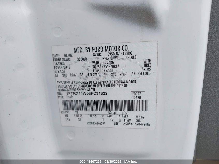 2008 Ford F-150 Stx/Xl/Xlt VIN: 1FTRX14W08FC31822 Lot: 41407233