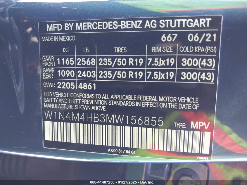 2021 MERCEDES-BENZ GLB 250 VIN: W1N4M4HB3MW156855