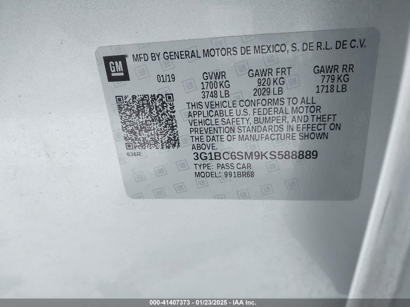 2019 CHEVROLET CRUZE VIN: 3G1BC6SM9KS588889