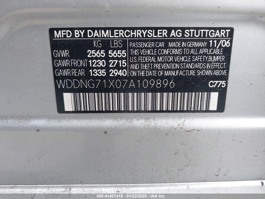 2007 MERCEDES-BENZ S 550 VIN: WDDNG71X07A109896
