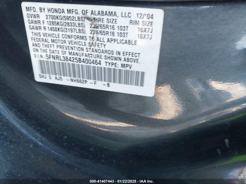 2005 Honda Odyssey Ex VIN: 5FNRL38425B400464 Lot: 41407443