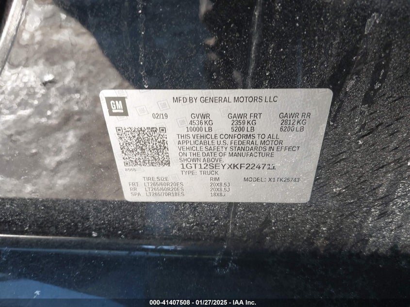 2019 GMC SIERRA 2500HD VIN: 1GT12SEYXKF224711
