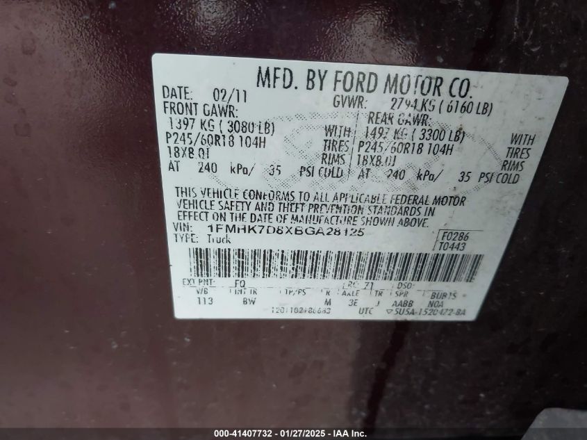 2011 Ford Explorer Xlt VIN: 1FMHK7D8XBGA28125 Lot: 41407732