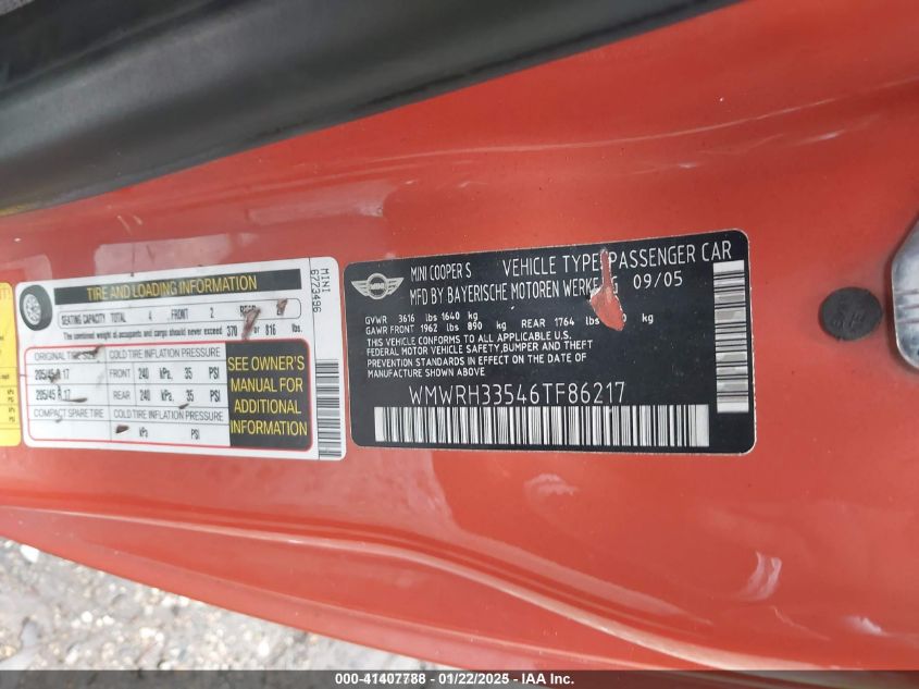 2006 Mini Cooper S VIN: WMWRH33546TF86217 Lot: 41407788