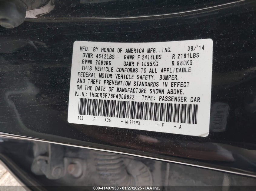 2015 HONDA ACCORD HYBRID VIN: 1HGCR6F78FA000892