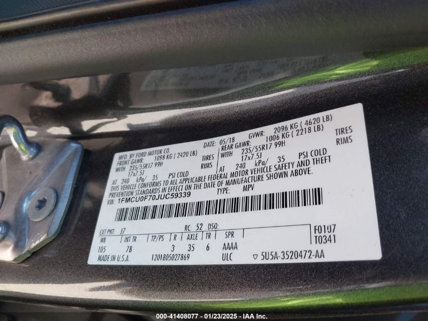 2018 Ford Escape S VIN: 1FMCU0F70JUC59339 Lot: 41408077