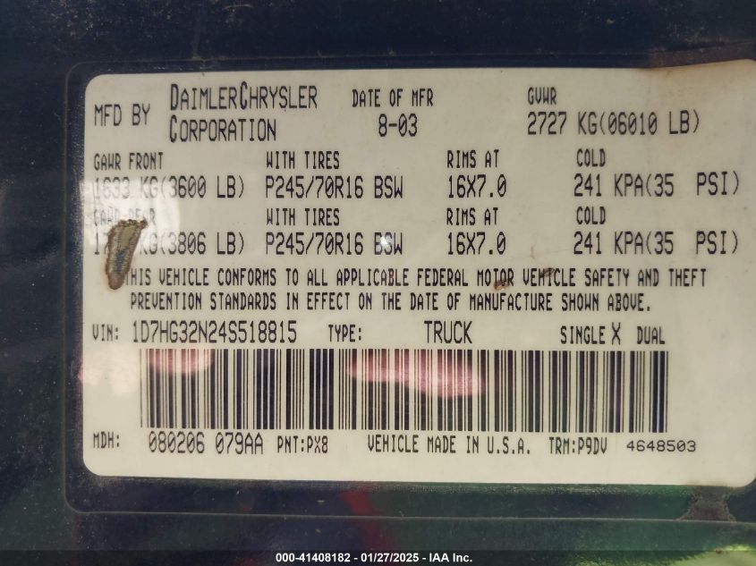 2004 Dodge Dakota Sport VIN: 1D7HG32N24S518815 Lot: 41408182