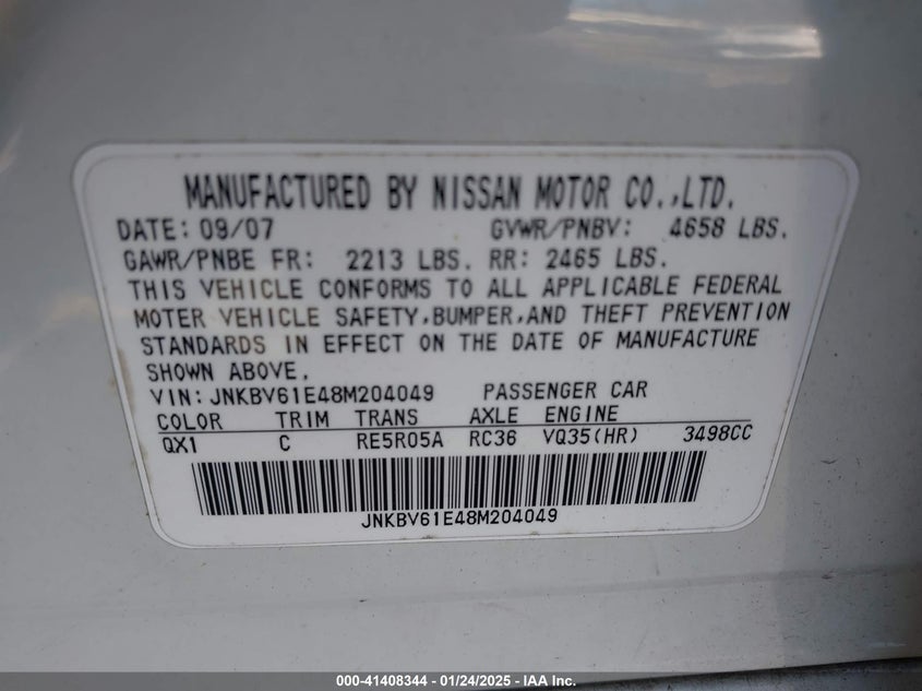 2008 INFINITI G35 VIN: JNKBV61E48M204049