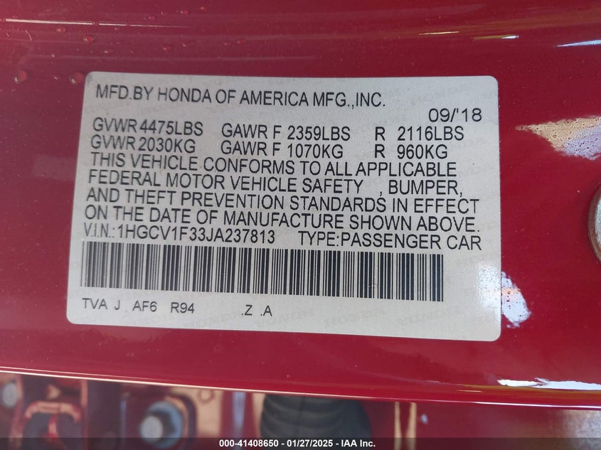 2018 HONDA ACCORD VIN: 1HGCV1F33JA237813
