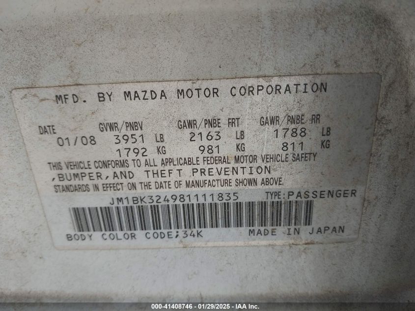 2008 Mazda Mazda3 S Grand Touring VIN: JM1BK324981111835 Lot: 41408746