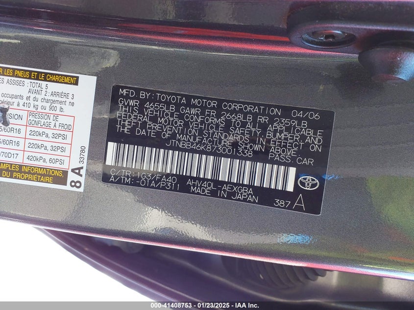 2007 Toyota Camry Hybrid VIN: JTNBB46K873001338 Lot: 41408753