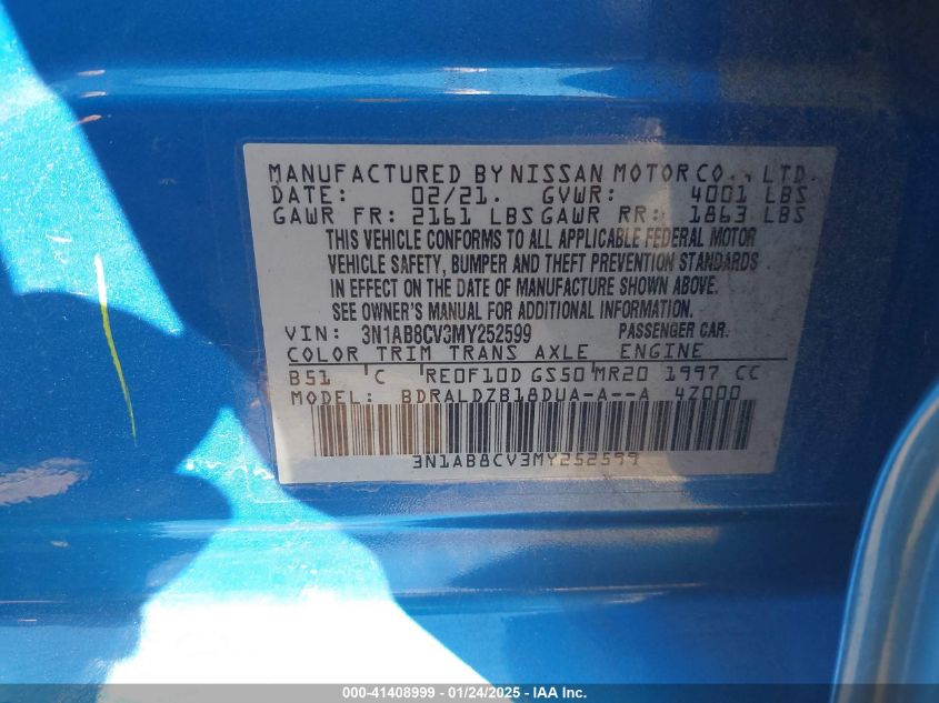 2021 Nissan Sentra VIN: 3N1AB8CB3MY252599 Lot: 41408999