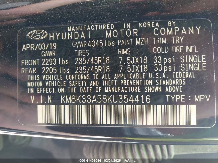 2019 Hyundai Kona Limited VIN: KM8K33A58K4354416 Lot: 41409045