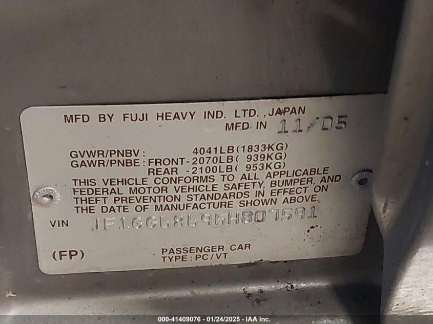 2006 Subaru Impreza Outback Sport VIN: JF1GG68696H807591 Lot: 41409076