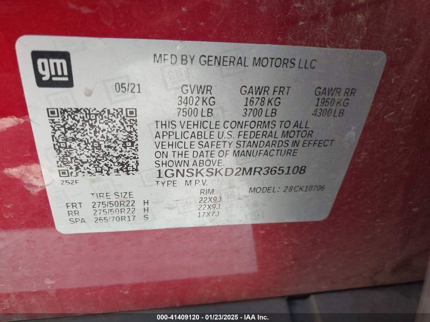 2021 CHEVROLET TAHOE 4WD PREMIER - 1GNSKSKD2MR365108