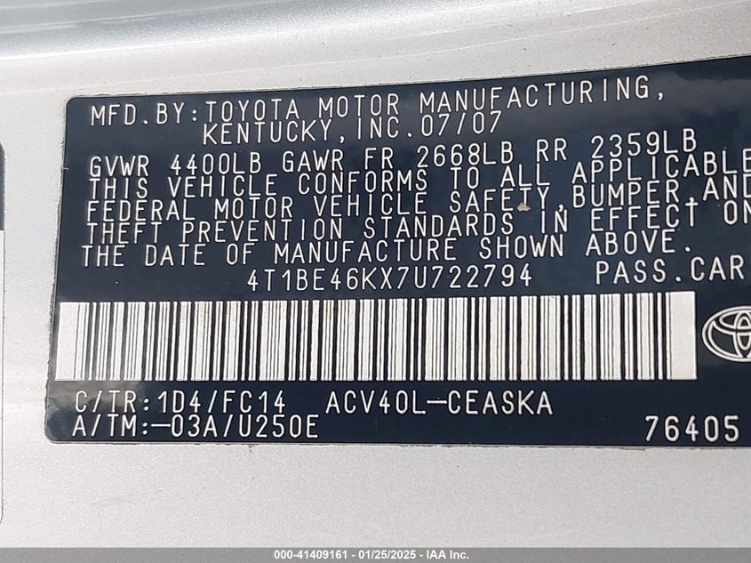 2007 TOYOTA CAMRY VIN: 4T1BE46KX7U722794