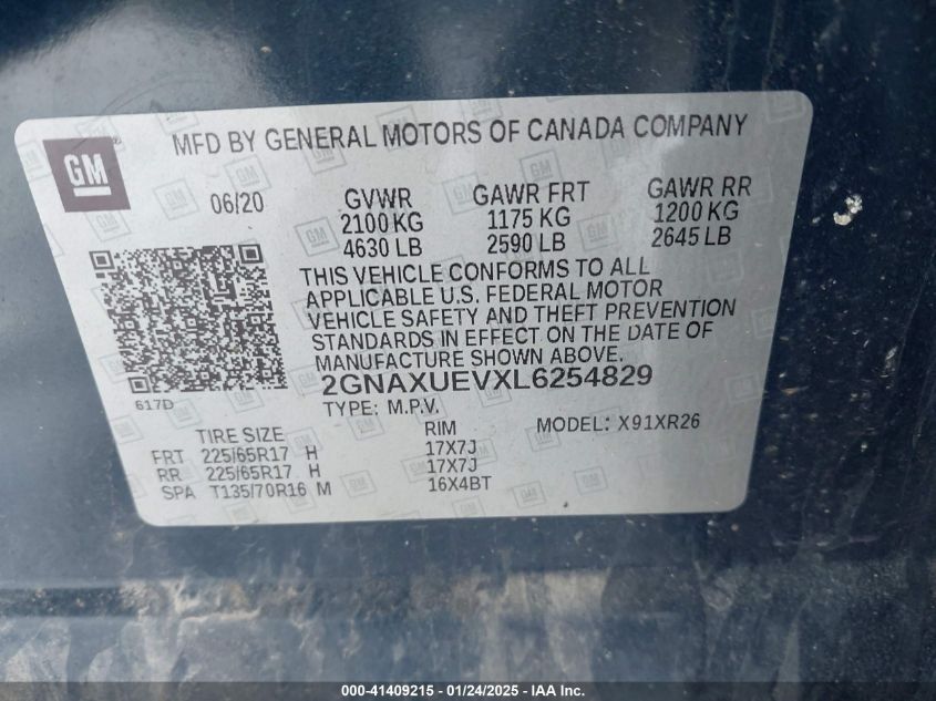 2020 Chevrolet Equinox Awd Lt 1.5L Turbo VIN: 2GNAXUEVXL6254829 Lot: 41409215