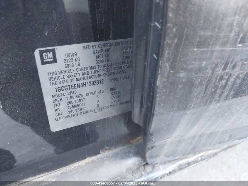 2017 Chevrolet Colorado Zr2 VIN: 1GCGTEEN4H1303912 Lot: 41409357