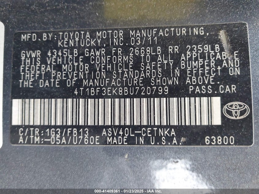 2011 TOYOTA CAMRY VIN: 4T1BF3EK8BU720799