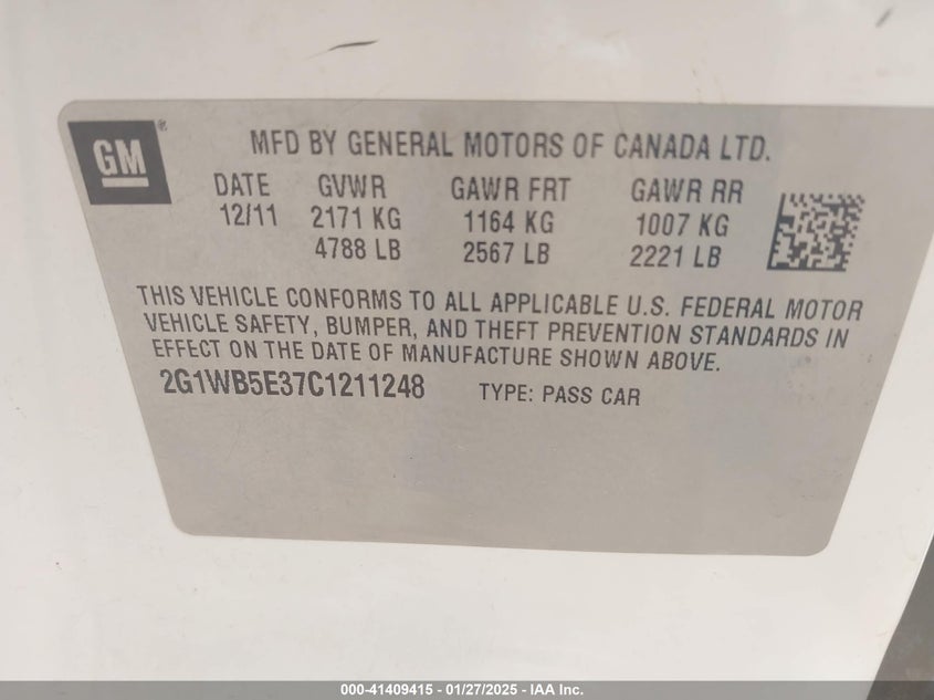 2012 Chevrolet Impala Lt VIN: 2G1WB5E37C1211248 Lot: 41409415