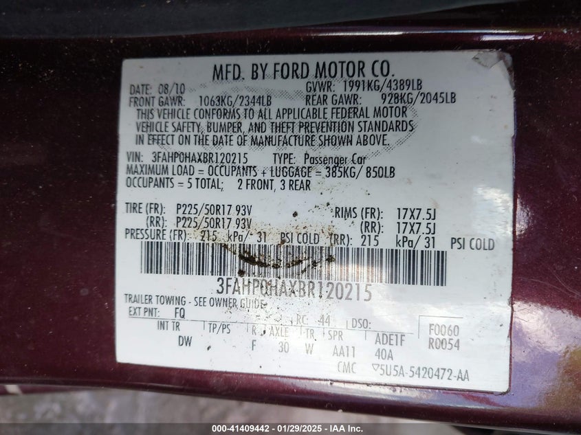 2011 FORD FUSION VIN: 3FAHP0HAXBR120215
