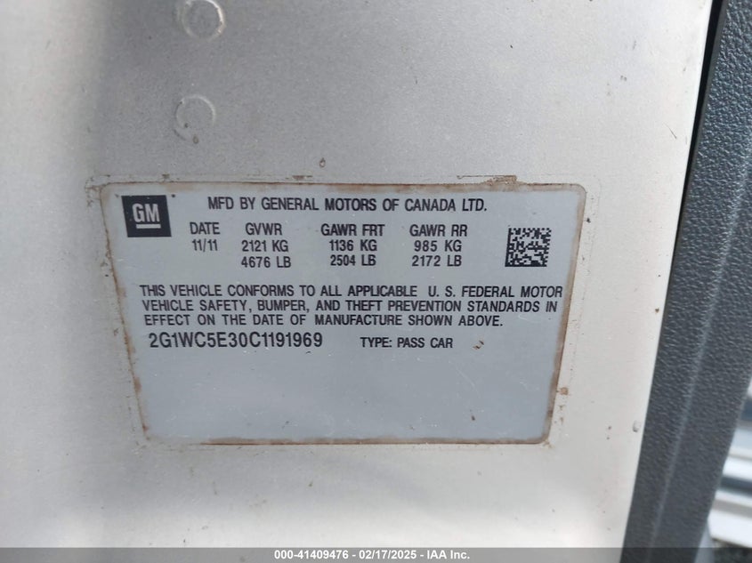 2012 CHEVROLET IMPALA VIN: 2G1WC5E30C1191969