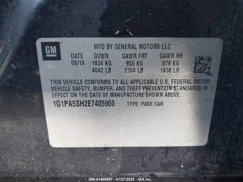 2014 CHEVROLET CRUZE VIN: 1G1PA5SH2E7405960