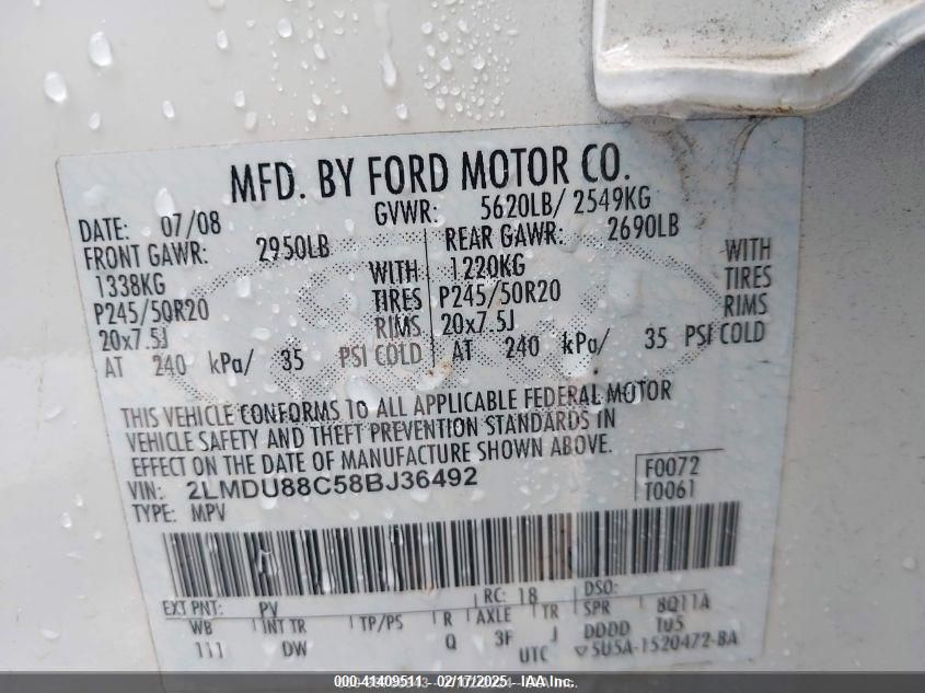 2008 Lincoln Mkx VIN: 2LMDU88C58BJ36492 Lot: 41409511