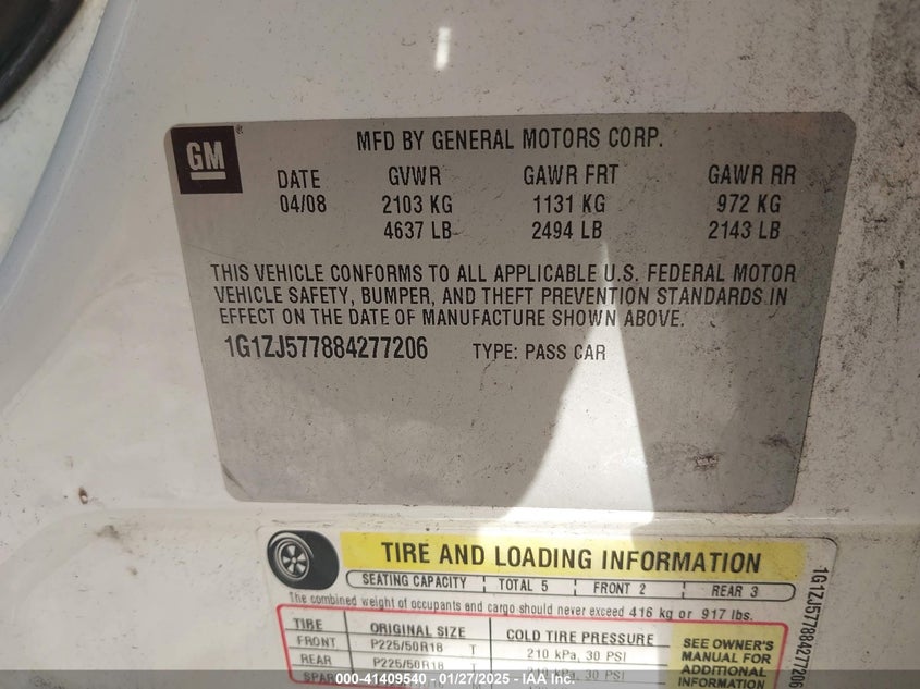 2008 CHEVROLET MALIBU VIN: 1G1ZJ577884277206